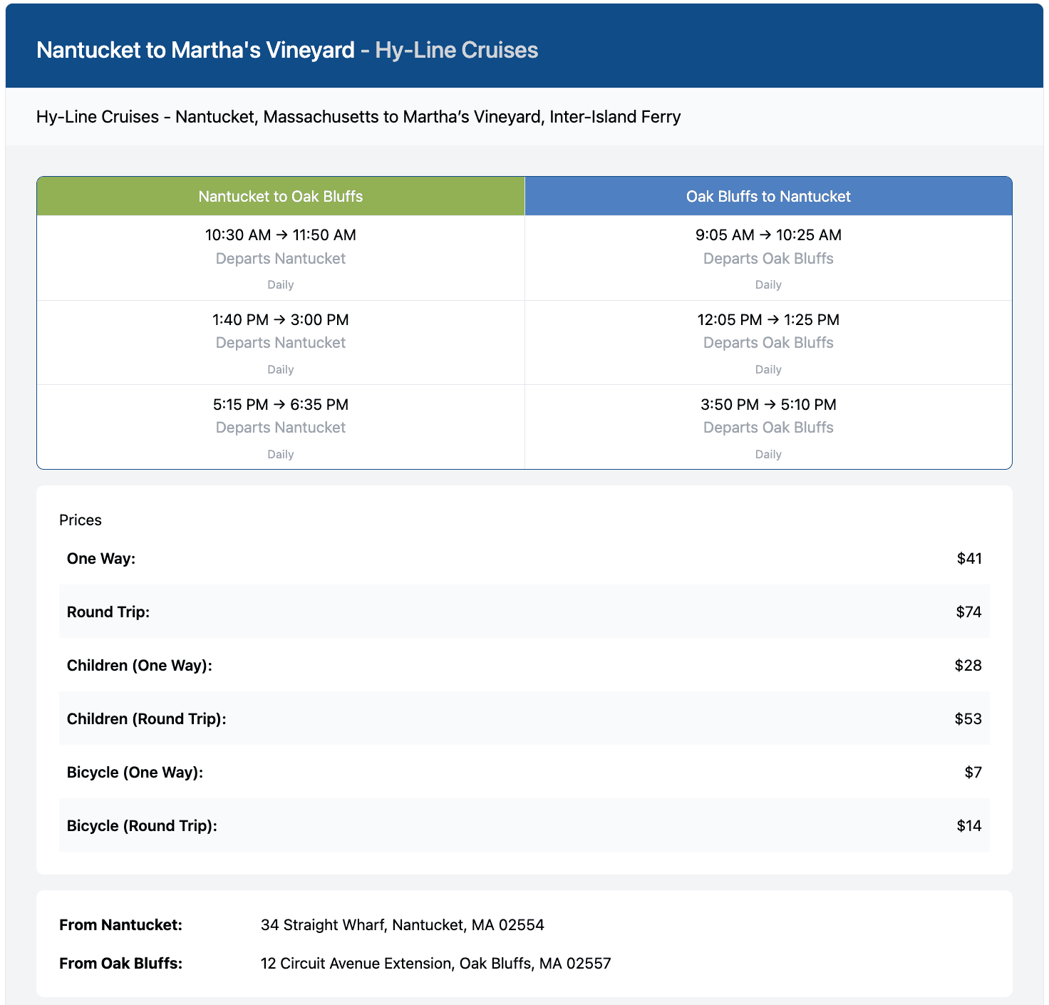 Realtime ferry schedule for Martha's Vineyard