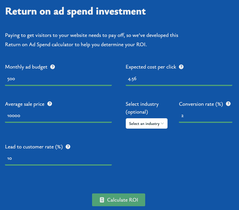 Screenshot of return on ad spend ROI calculator